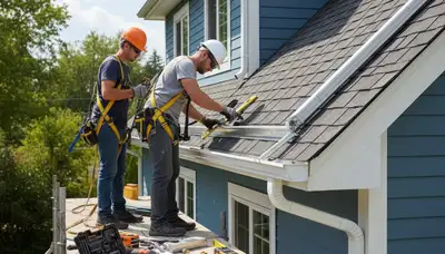Las Vegas, NV gutter repair crew fixing leaks and sagging gutters on a home exterior