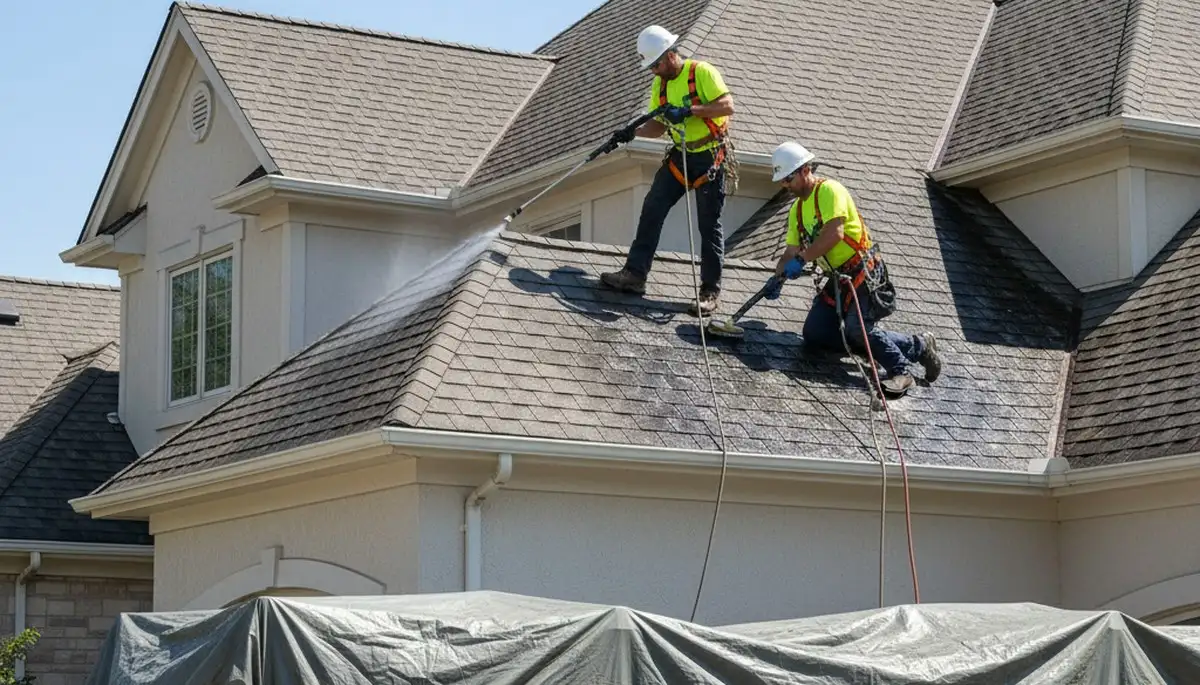 Las Vegas, NV siding service team inspecting roof cleaning and exterior maintenance for curb appeal